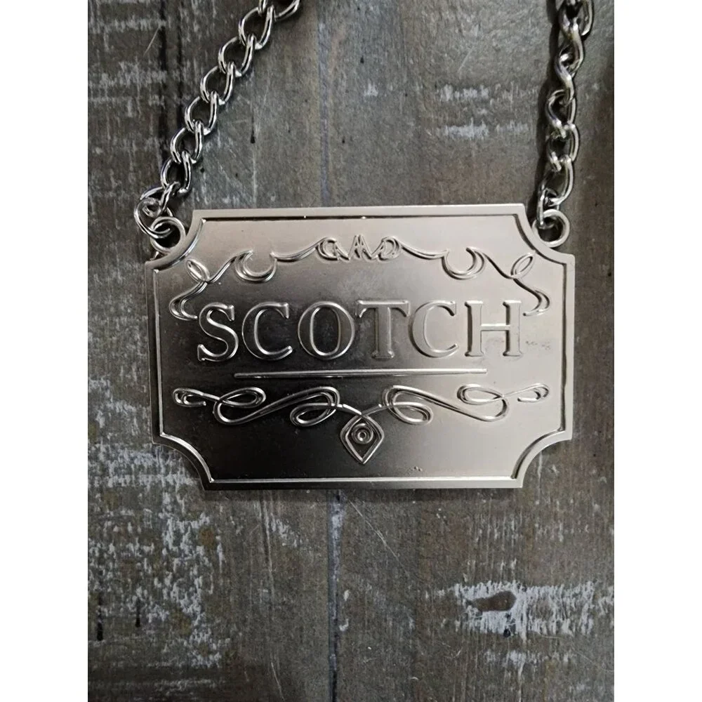 Scotch Silver Toned Liquor Decanter Label Tag For‎ Scotch With Ornate Chain